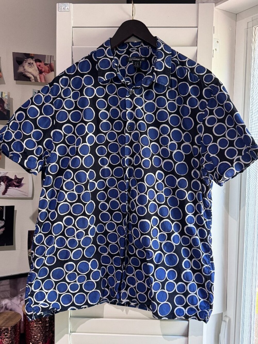 🔵 Marimekko x H&M Men's XL Blue Circle Print Button-Up Shirt Scandinavian Style